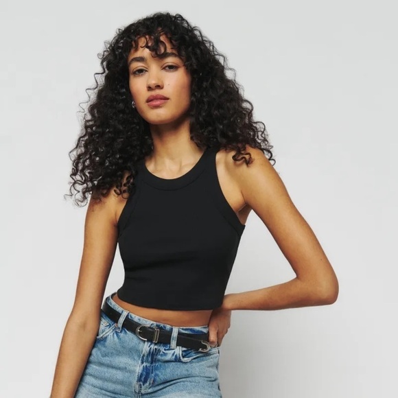 REFORMATION Tasha Cropped Raw Hem Tank In Black - Picture 1 of 3